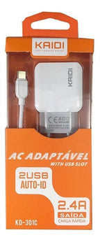 Carregador Rápido Kaidi Kd-301c 2 Porta Usb C/ Cabo Tipo-c